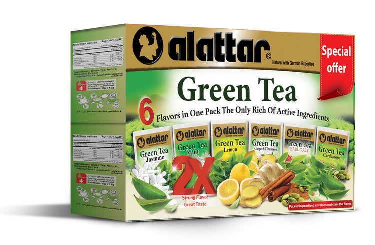 Alattar Green Tea 6 Flavours in One Pack (Jasmine,Mint,Lemon,Ginger&Cinnamon, Earl Grey, Cardamom) 24 Tea Bags / case of 24